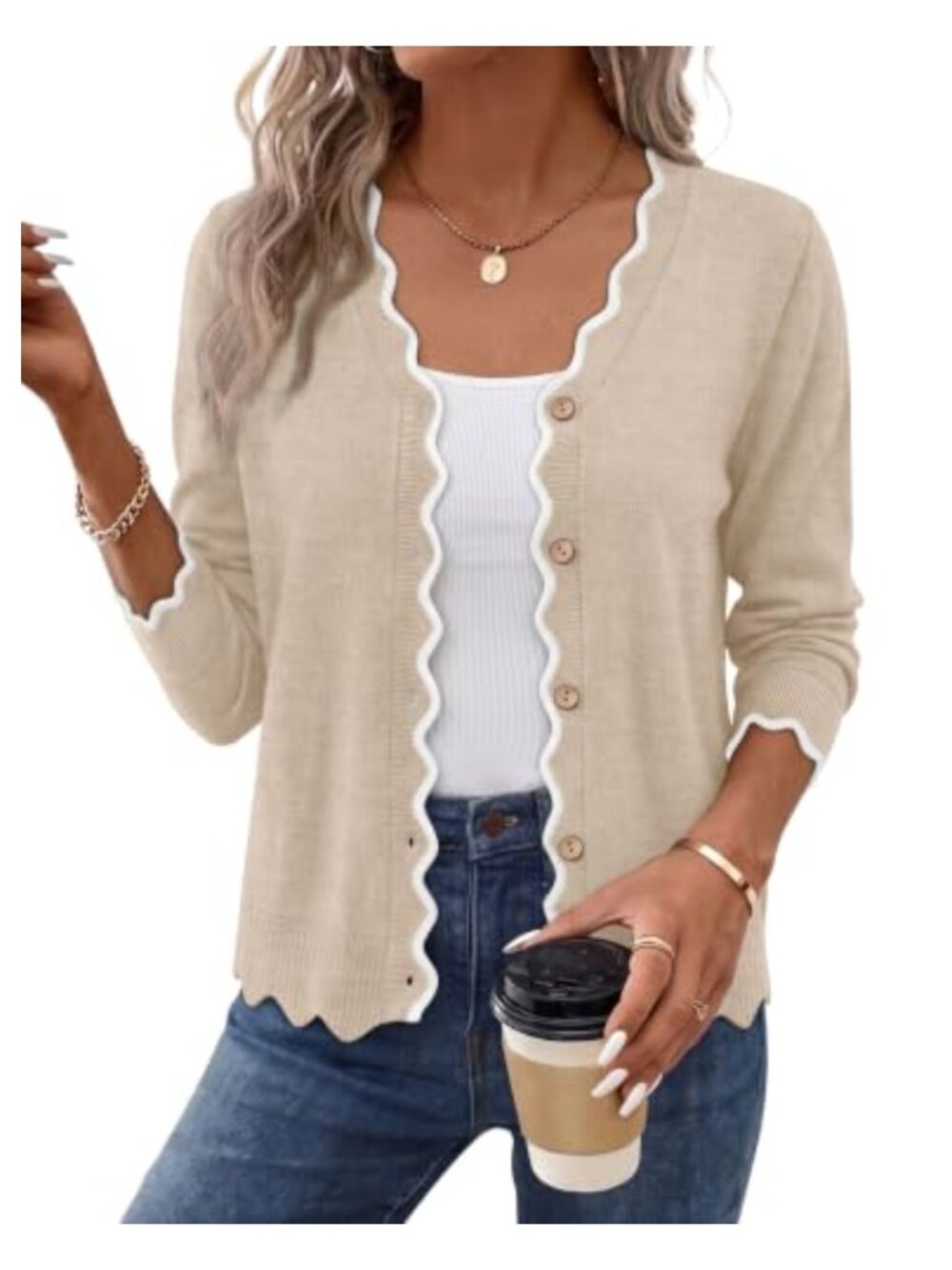Womens Lightweight Scalloped Cardigan Sweater Long Sleeve V Neck Button Knit